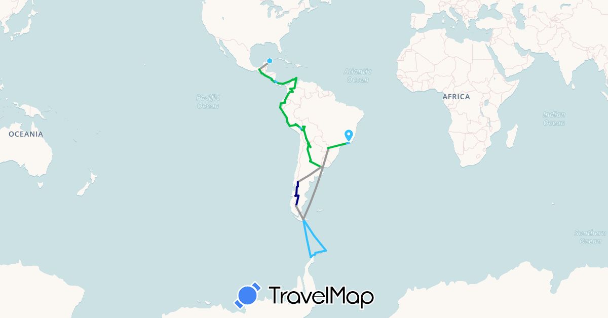 TravelMap itinerary: driving, bus, plane, boat in Argentina, Bolivia, Brazil, Chile, Colombia, Costa Rica, Ecuador, Guatemala, Mexico, Nicaragua, Panama, Peru, El Salvador (North America, South America)